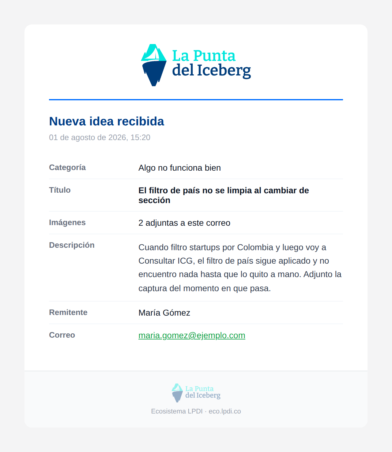 Preview del correo Ideas y mejoras