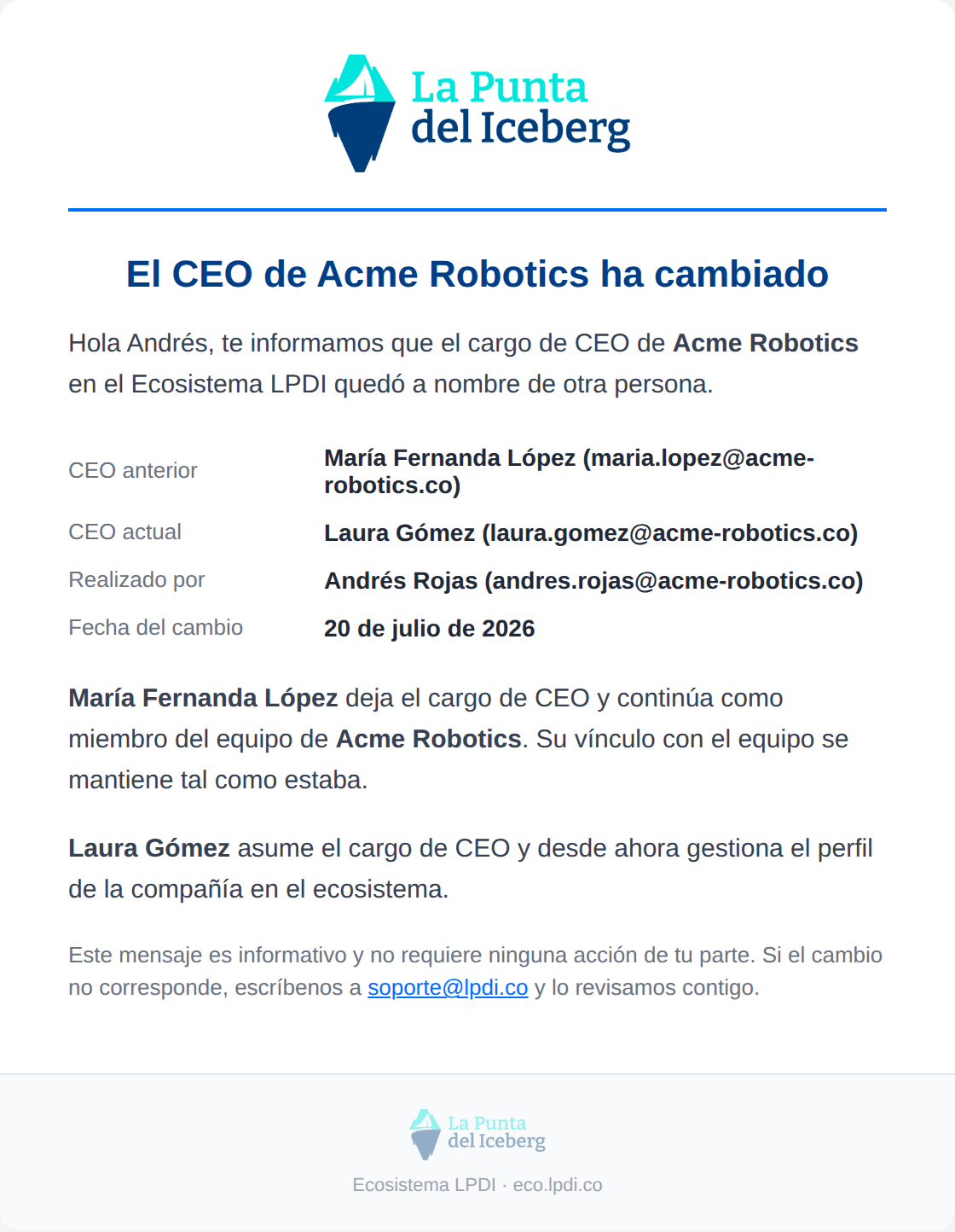Preview correo 67 cambio de CEO aviso al registrante, variante el saliente continua como miembro