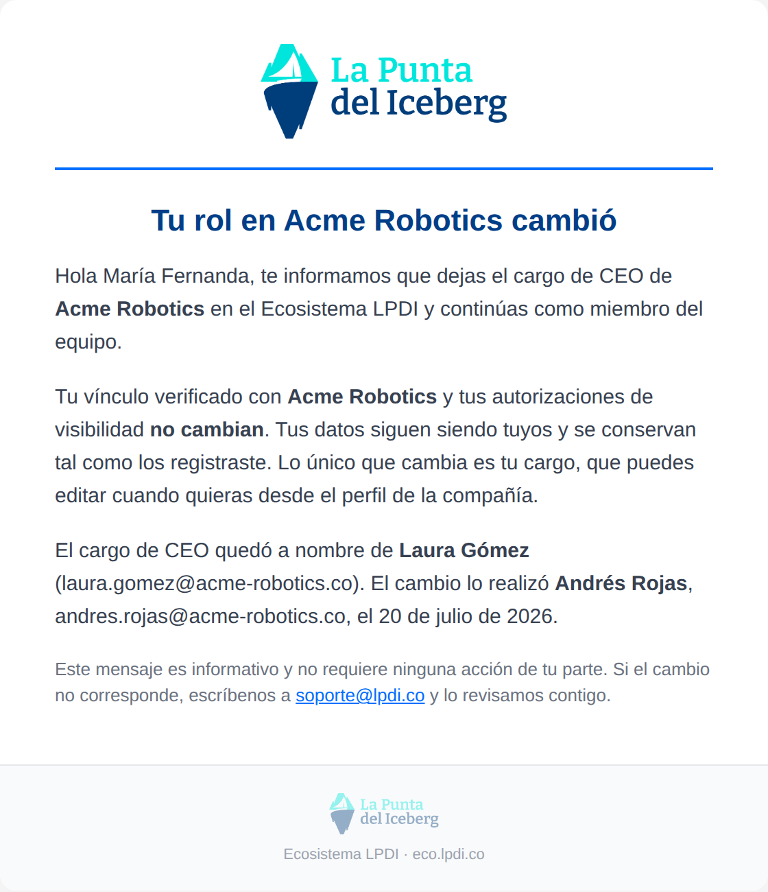 Preview correo 68 cambio de CEO aviso al CEO anterior, variante continua como miembro