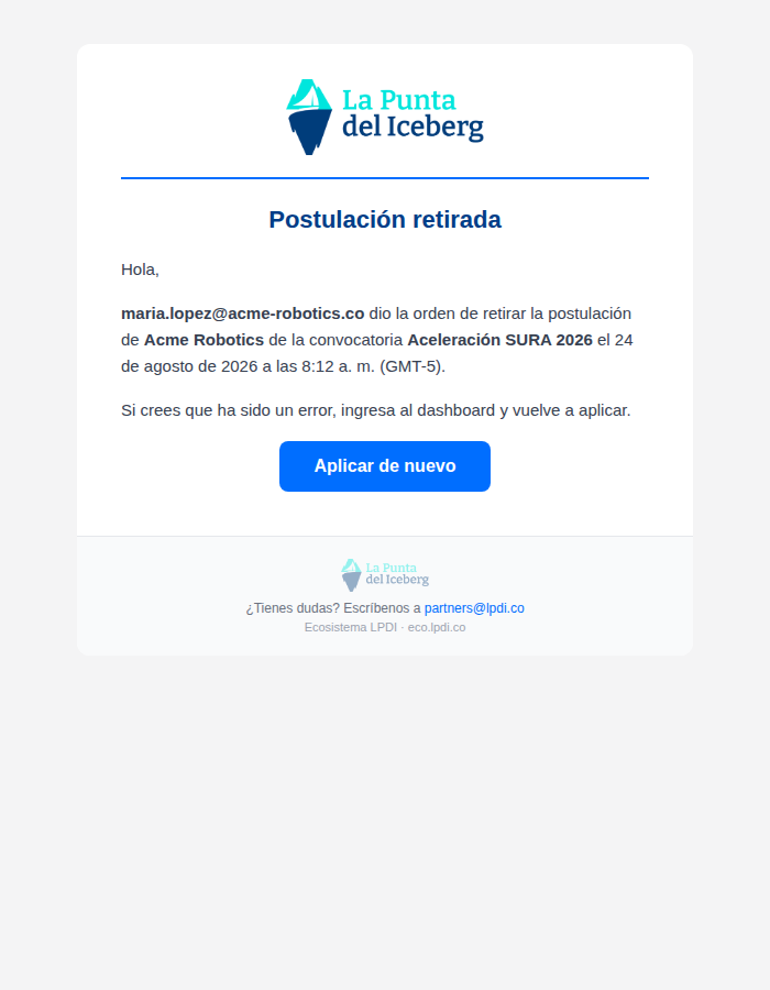 Preview correo 92 aviso de retiro a la startup
